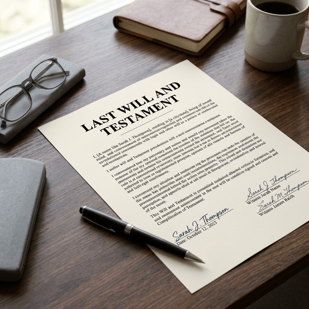 Signed last will and testament on desk with pen and glasses